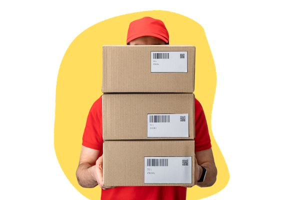 yellow background man holding shipping labels-1